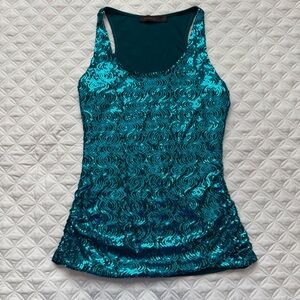 The Limited Glam Sequin Peacock Blue TankTop Shimmer Stretch Side Ruched Size M